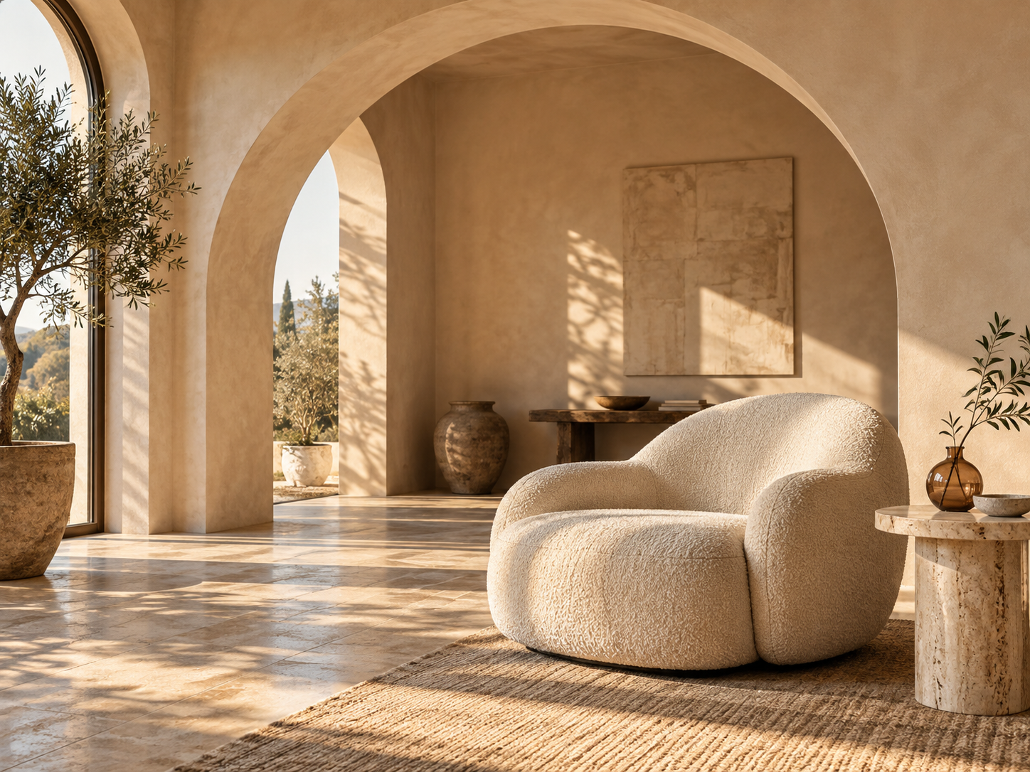 Cream bouclé chair in a sunlit room with warm plaster arches and an olive tree